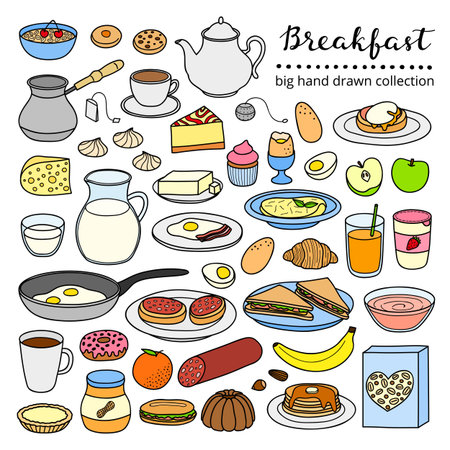 Set of hand drawn breakfast dishes.のイラスト素材