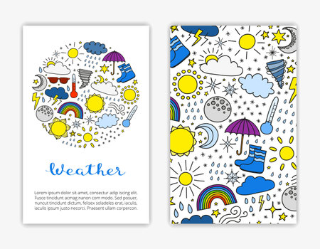 Card templates with doodle colorful weather items. Used clipping mask.のイラスト素材