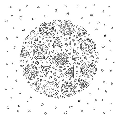 Different doodle outline pizza with ingredients composed in circle shape.のイラスト素材