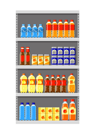 Different flat liquid drinks on supermarket shelf isolated on white background.のイラスト素材