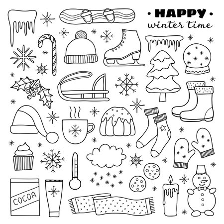 Collection of cute hand drawn outline winter items isolated on white background.のイラスト素材