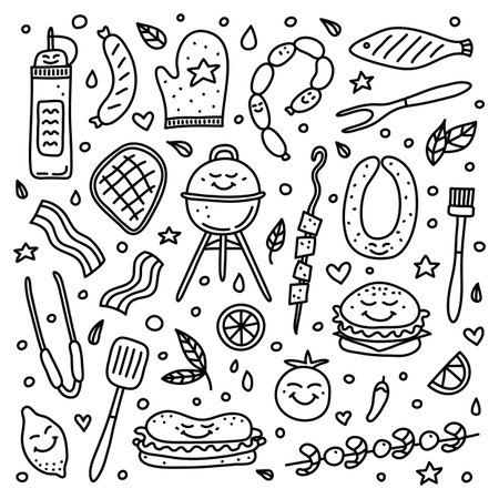 Cute doodle set of outline barbecue icons isolated on white background.のイラスト素材