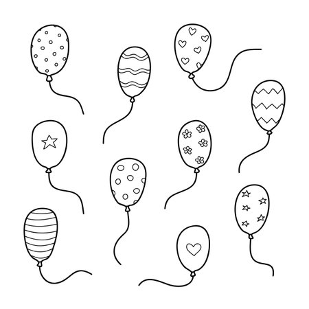 Set of doodle outline helium balloons with prints isolated on white background.のイラスト素材