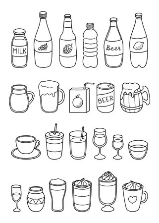 Set of different hand drawn outline liquid drinks isolated on white background.のイラスト素材