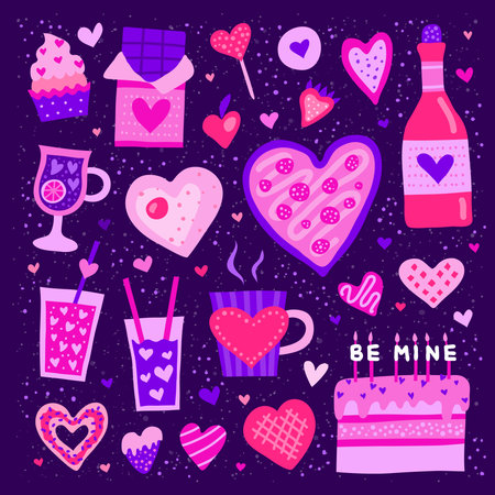 Set of colorful doodle heart shaped and cute food icons isolated on purple background. Perfect for Valentine's day design.のイラスト素材