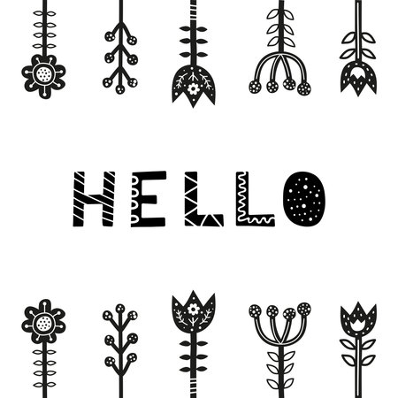 Doodle poster with Scandinavian lettering and flowers.のイラスト素材