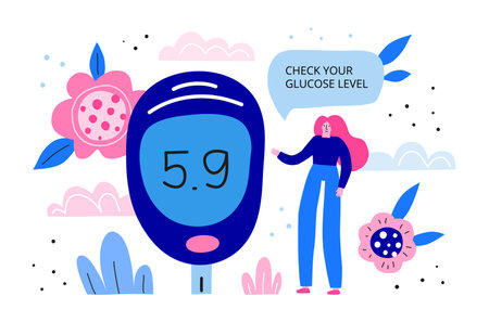 Horizontal banner with big colorful glucometer, woman and flowers.のイラスト素材