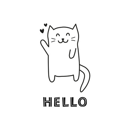 Doodle welcoming cat with lettering hello.のイラスト素材