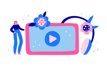 Horizontal banner with headphones, tablet, girl, flowers, leaves.のイラスト素材
