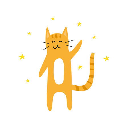 Cute doodle ginger winking cat with stars around.のイラスト素材