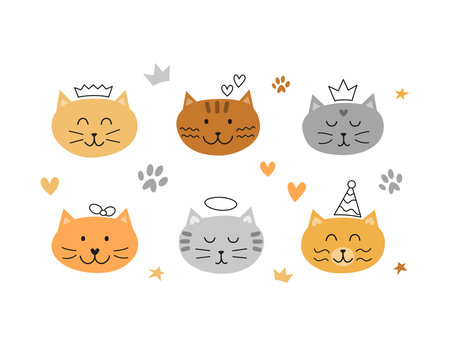 Set of cat faces with outline doodles.のイラスト素材