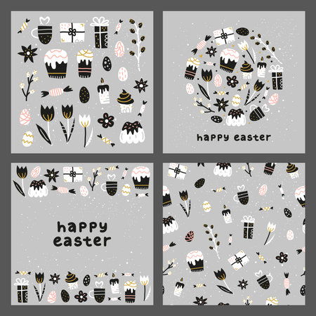 Set of cards with doodle decorative Easter icons.のイラスト素材