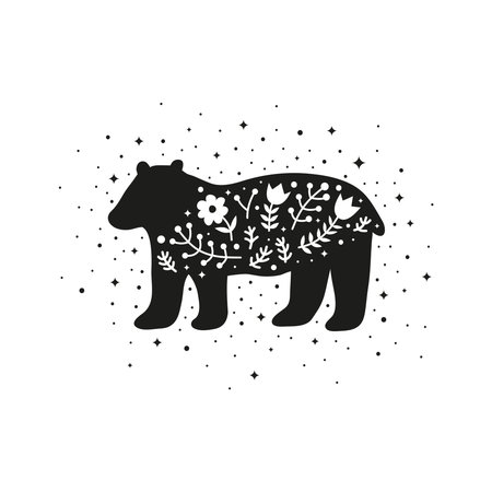 Bear with flowers, berries, leafy branches, stars, dots.のイラスト素材
