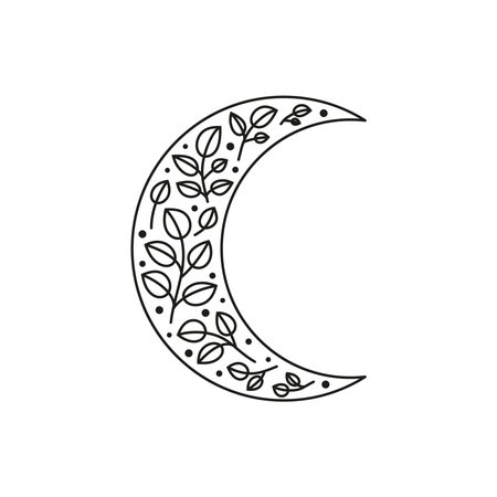 Boho floral crescent moon with leafy branches.のイラスト素材