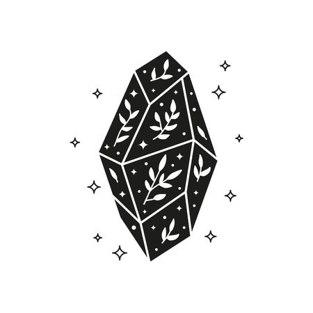 Hand drawn celestial crystal with leafy branches, stars and dots.のイラスト素材