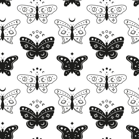 Seamless pattern with crescent moon, black and outline butterflies, stars.のイラスト素材