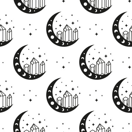 Seamless pattern with crescents, third eye, moon phases and starburst.のイラスト素材