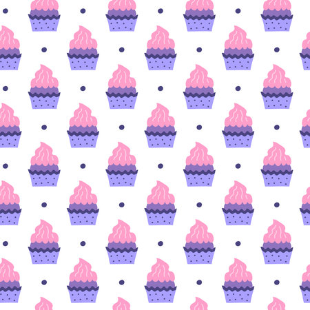 Simple seamless pattern with colorful doodle cupcakes and dots.のイラスト素材