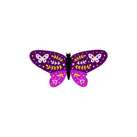 Colorful doodle butterfly with floral decor in Scandinavian folk style isolated on white background.のイラスト素材