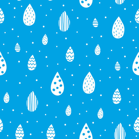 Blue seamless pattern with doodle white decorative rain drops.のイラスト素材
