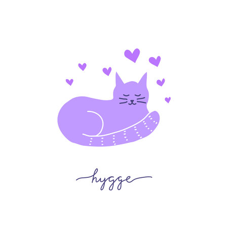 Doodle violet sleeping cat with hearts around and lettering hygge isolated on white background.のイラスト素材