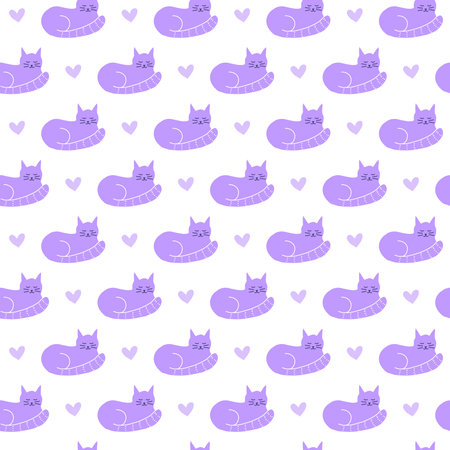 Cute seamless pattern with doodle violet cats and hearts.のイラスト素材