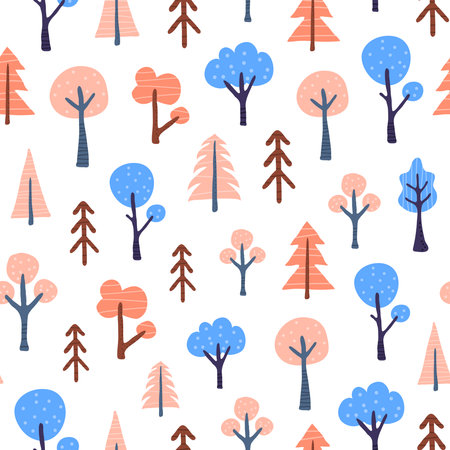 Cute seamless pattern with doodle trees in Scandinavian style. Perfect for kids design.のイラスト素材