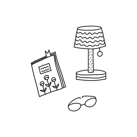 Doodle outline book or diary, table lamp and eyeglasses isolated on white background.のイラスト素材