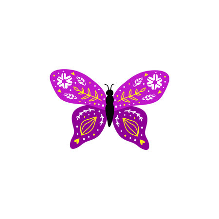 Colorful doodle butterfly with floral decor in Scandinavian folk style isolated on white background.のイラスト素材