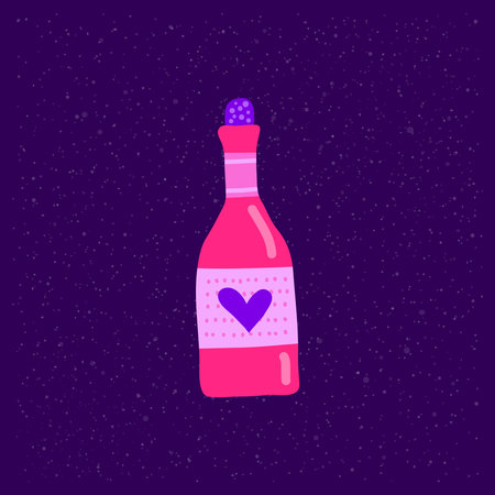 Colorful doodle alcohol wine or champagne in glass bottle with heart isolated on purple background.のイラスト素材