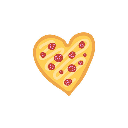 Colorful doodle heart shaped pizza with pepperoni isolated on white background.のイラスト素材