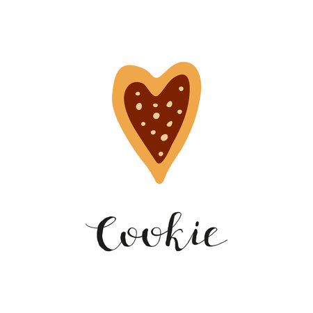 Colorful doodle heart shaped cookie with chocolate and lettering isolated on white background.のイラスト素材