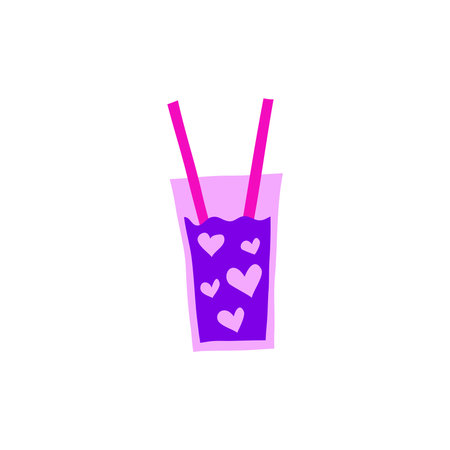 Colorful doodle drink in glass with hearts and two straws isolated on white background.のイラスト素材