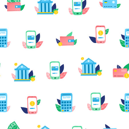 Seamless pattern with colorful conceptual flat doodle bank, smartphone, wallet, credit card, coins icons.のイラスト素材