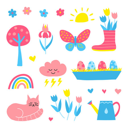 Set of simple doodle colorful spring icons isolated on white background. Perfect for kids design.のイラスト素材