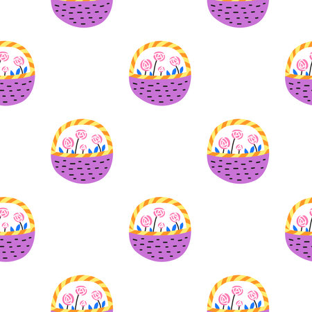 White seamless pattern with doodle colorful rose flowers with leaves in baskets.のイラスト素材