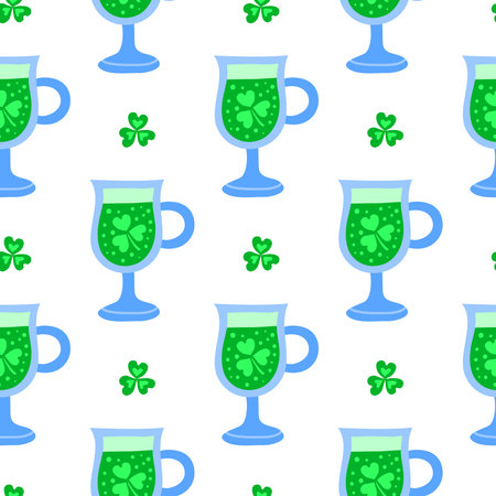 White seamless pattern with doodle green drinks in glass and clovers.のイラスト素材