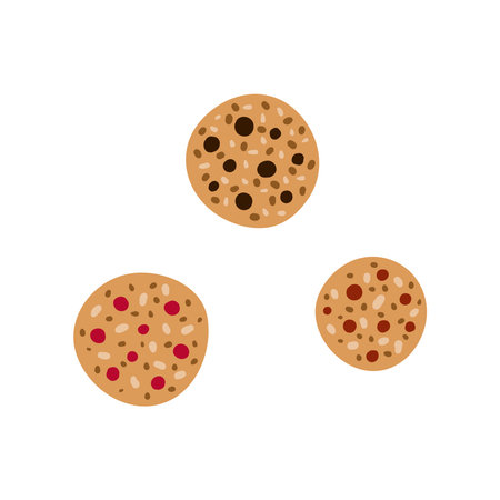 Doodle colored round granola cookies with seeds, dried fruits and berries isolated on white background.のイラスト素材
