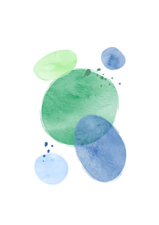 Modern minimalist art background with oval shapes and splashes. Hand painted brush vector texture. Watercolor mid century illustration. Suitable for brochures, wall decor, postcards, covers.のイラスト素材