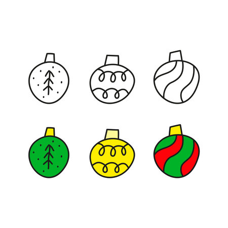 Simple doodle colored and outline Christmas balls or baubles isolated on white background.のイラスト素材