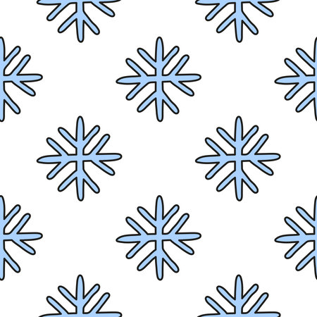 Simple seamless pattern with blue doodle snowflakes on white background.のイラスト素材