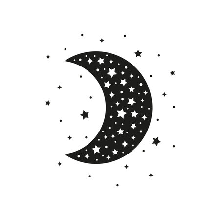Bohemian crescent with stars and dots isolated on white background. Witchy luna. Alchemy esoteric magic talisman. Mystical symbol.のイラスト素材