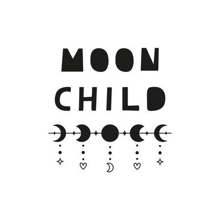 Poster with lettering moonchild in Scandinavian style and moon phases isolated on white background. Bohemian baby poster.のイラスト素材