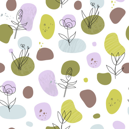 Contemporary seamless pattern with abstract spots, dots, one line flowers. Simple trendy minimalist background.のイラスト素材