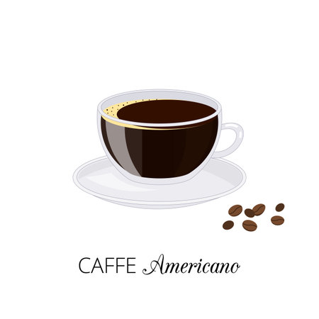 Caffe americano with coffee beans isolated on white background. Black coffee drink in cartoon style. Perfect for posters and menu. Vector ilustration.のイラスト素材