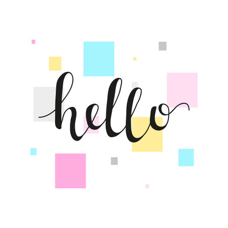 Hand drawn modern lettering hello on white background with geometric elements. Isolated typographical design element for posters, cards, banners.のイラスト素材