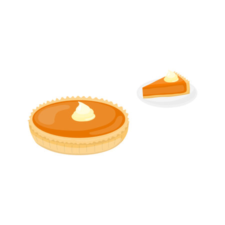 Pumpkin pie cake and slice in cartoon style isolated on white background.のイラスト素材