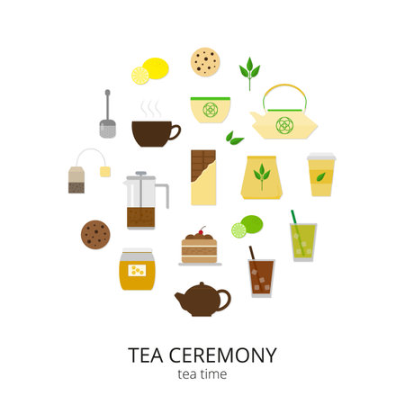Flat tea items and accessories composed in circle shape. Tea cup, pot, cake, tea strainer, honey, lemon, lime, cookies, chinese teapot, tea bag, ice tea. Tea ceremony symbols in circle.のイラスト素材