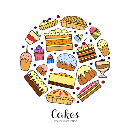 Cute doodle cakes for birthday, easter, party, sweet cafe composed in circle shape with lettering.のイラスト素材