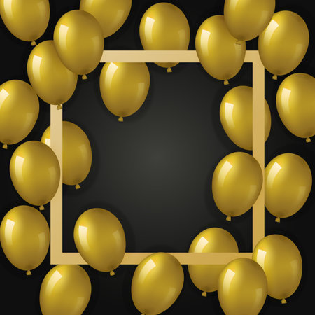 Black background with realistic golden helium balloons and square frame. Can be used for posters, invitations, flayers, wallpaper, banners, brochures. Used clipping mask.のイラスト素材